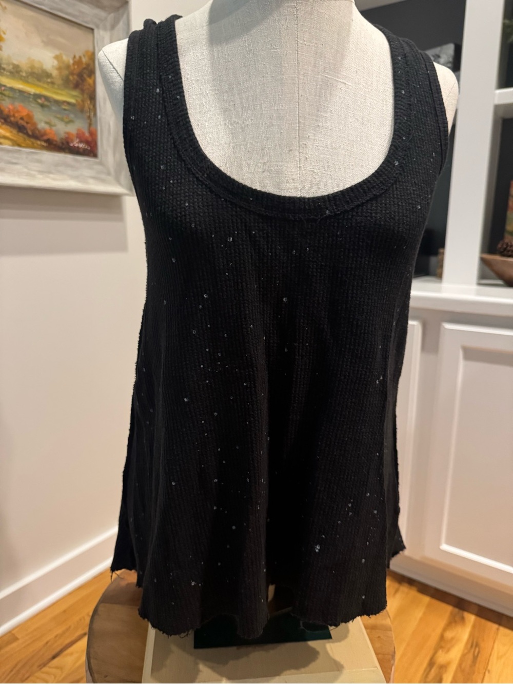 Artsy Paint Splattered High/Low Black Waffle Tank 80/20 Cotton and Hemp